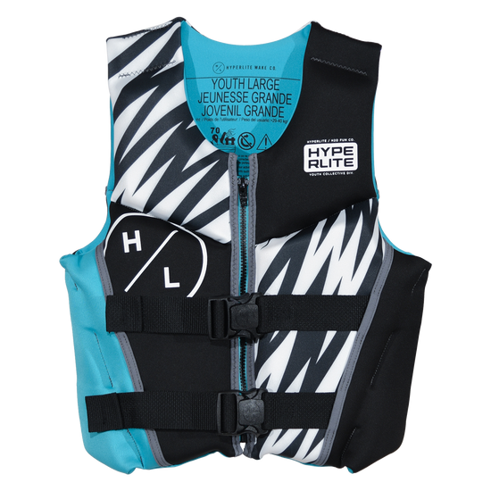 Front view of Boys Youth Indy - CGA Vest - Large with white lightning print, aqua lining and Hyperlite logo.