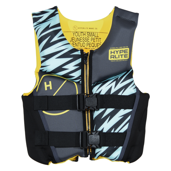 Front view of Boys Youth Indy - CGA Vest - Small with aqua lightning print, yellow lining and Hyperlite logo.