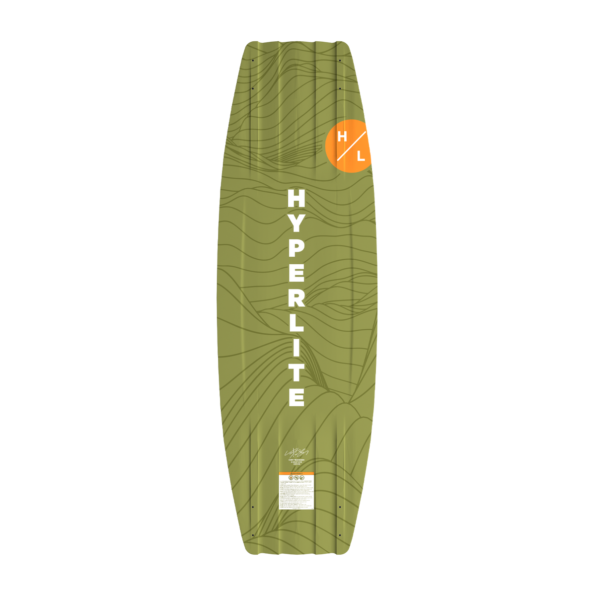 Bottom view of green Capitol wakeboard with Hyperlite logo.