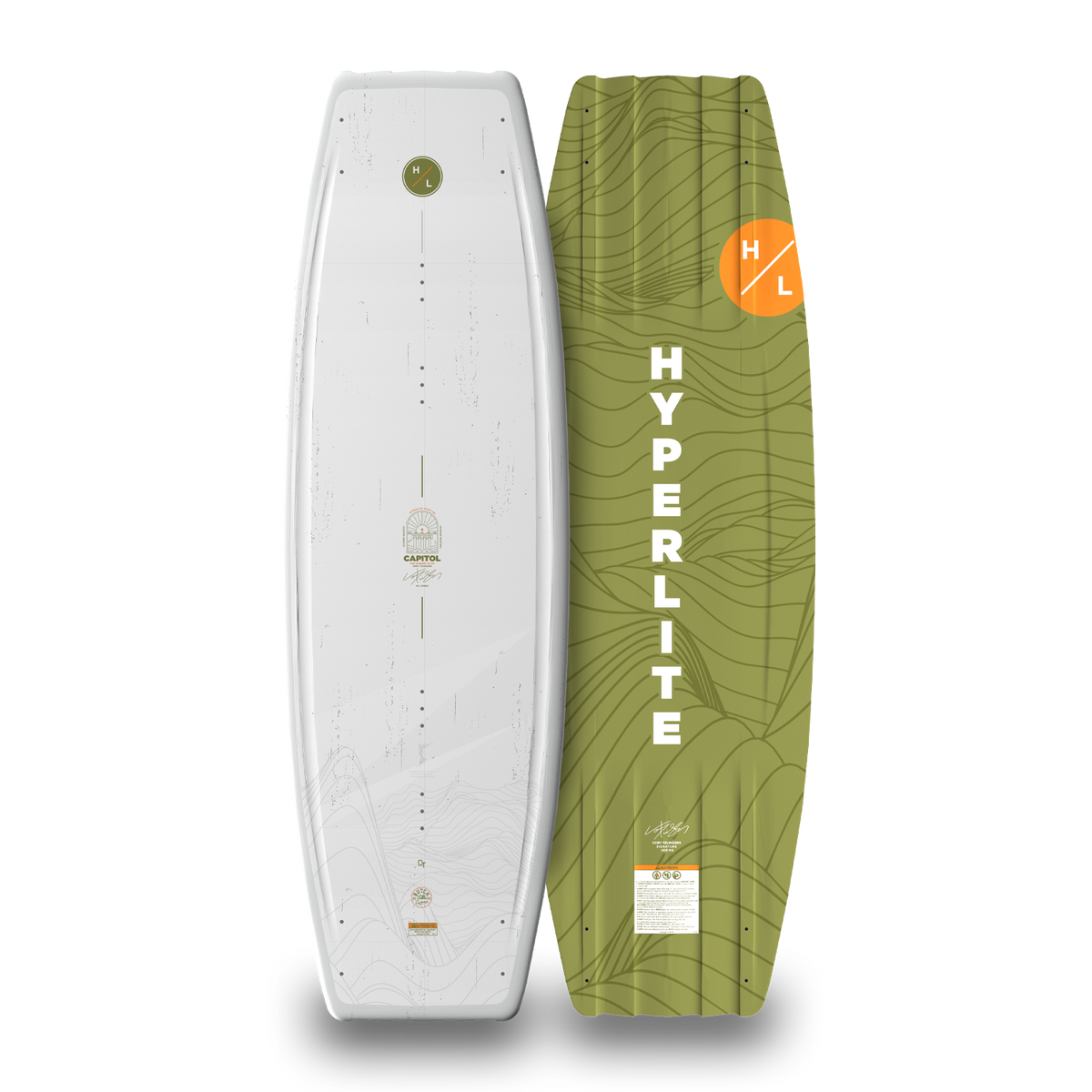 Top and bottom views of white and green Capitol wakeboard.