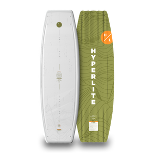 Top and bottom views of white and green Capitol wakeboard.