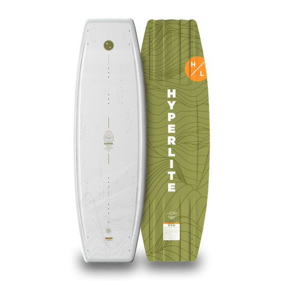 Top and bottom views of white and green Capitol wakeboard.