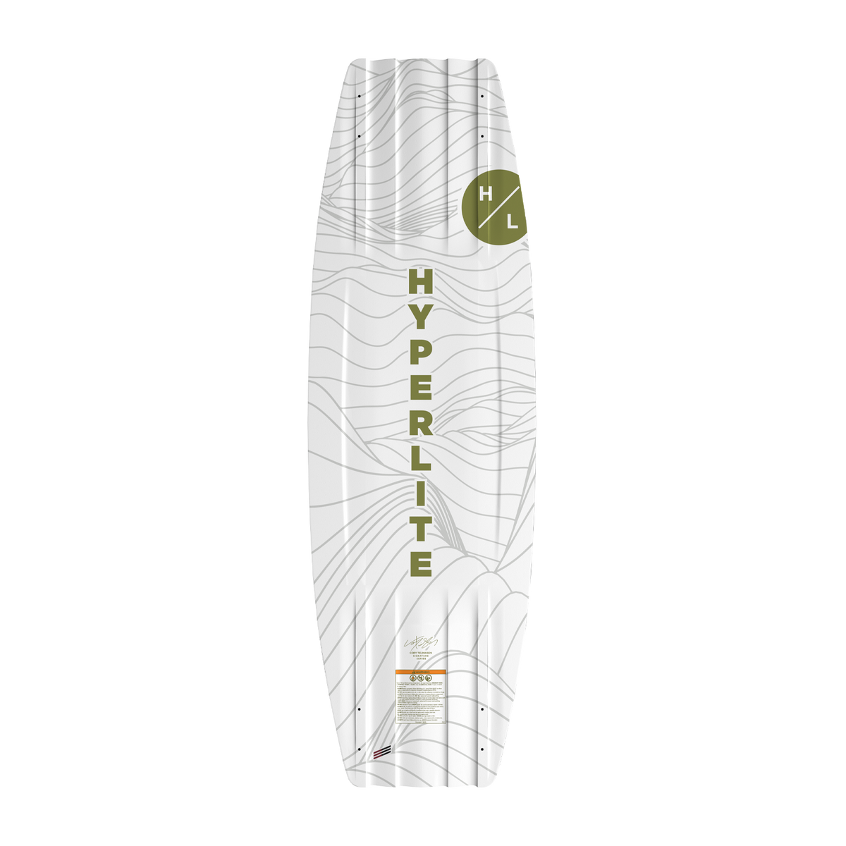 Bottom view of white and green Capitol Loaded wakeboard with Hyperlite logo.