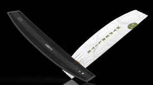 Angled view of black, white and green Capitol Loaded wakeboard showing both sides.