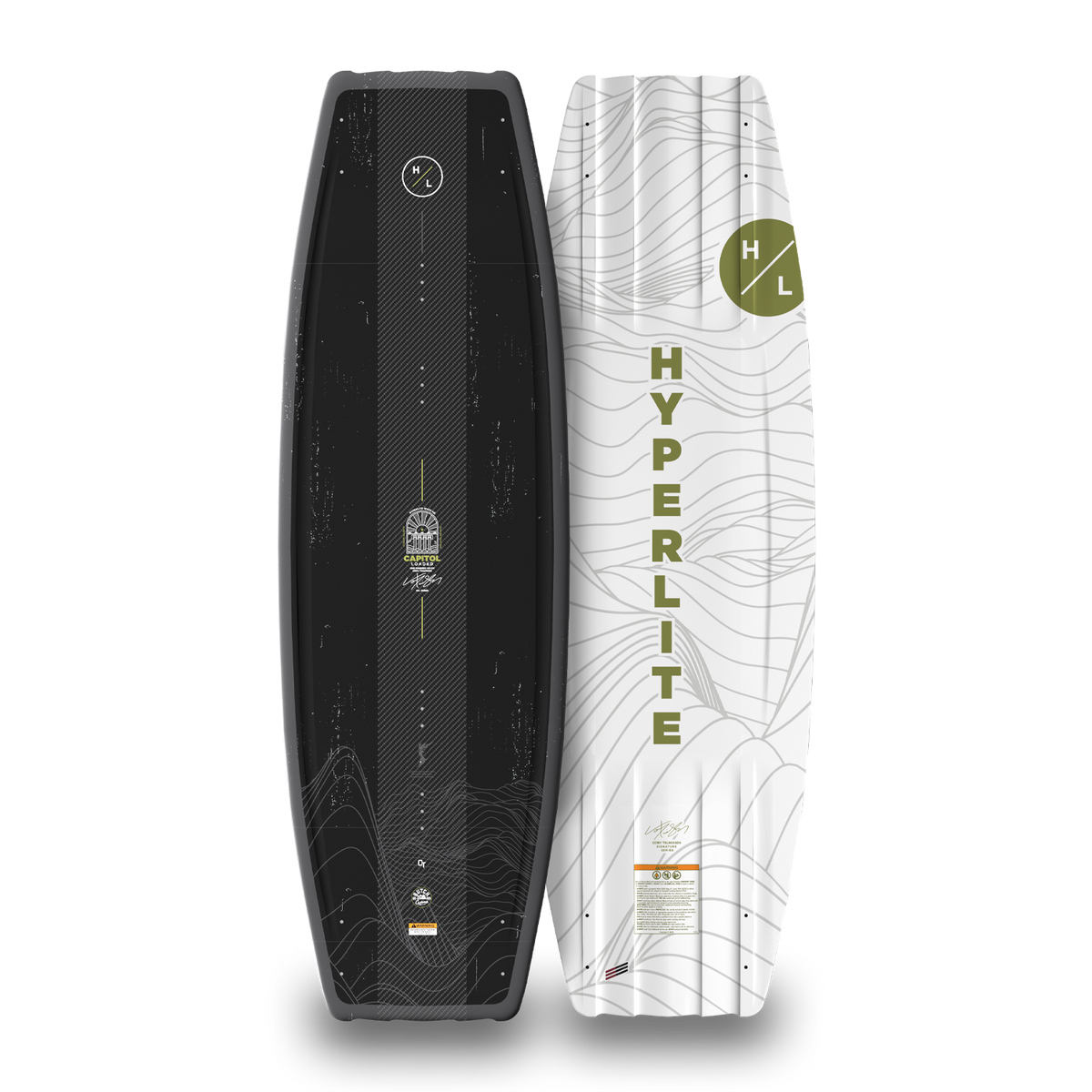 Top and bottom views the black, white and green Capitol Loaded wakeboard.
