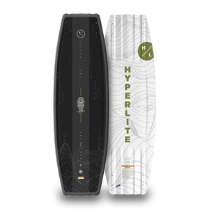 Top and bottom views the black, white and green Capitol Loaded wakeboard.