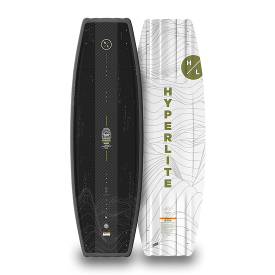 Top and bottom views the black, white and green Capitol Loaded wakeboard.