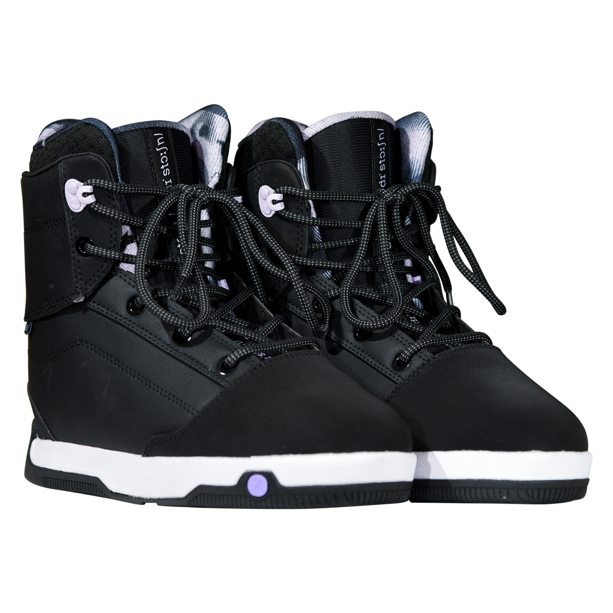 Angled view of a pair of black Distortion Boots with flecked laces, lavender lace hooks, and printed liners.