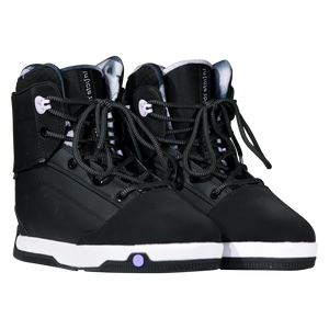 Angled view of a pair of black Distortion Boots with flecked laces, lavender lace hooks, and printed liners.