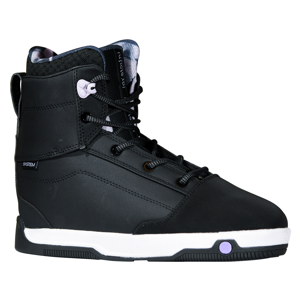 Angled view of the black Distortion Boot with a System label, lavender lace hook, and a white midsole.