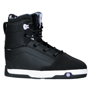 Angled view of the black Distortion Boot with a System label, lavender lace hook, and a white midsole.