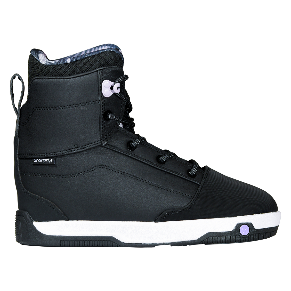 Side view of the black Distortion Boot with a heel pull loop, mesh collar, and a lavender disc on the sole.