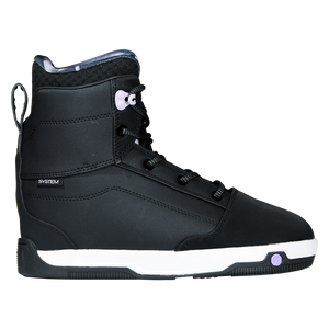 Side view of the black Distortion Boot with a heel pull loop, mesh collar, and a lavender disc on the sole.