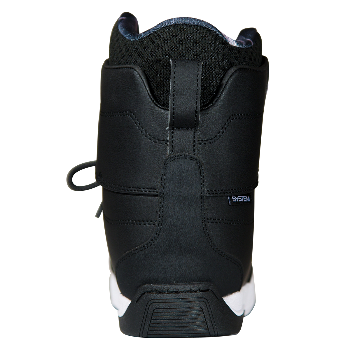 Back view of the black Distortion Boot with a stitched heel panel, mesh collar, and ridged heel tread.