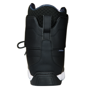 Back view of the black Distortion Boot with a stitched heel panel, mesh collar, and ridged heel tread.