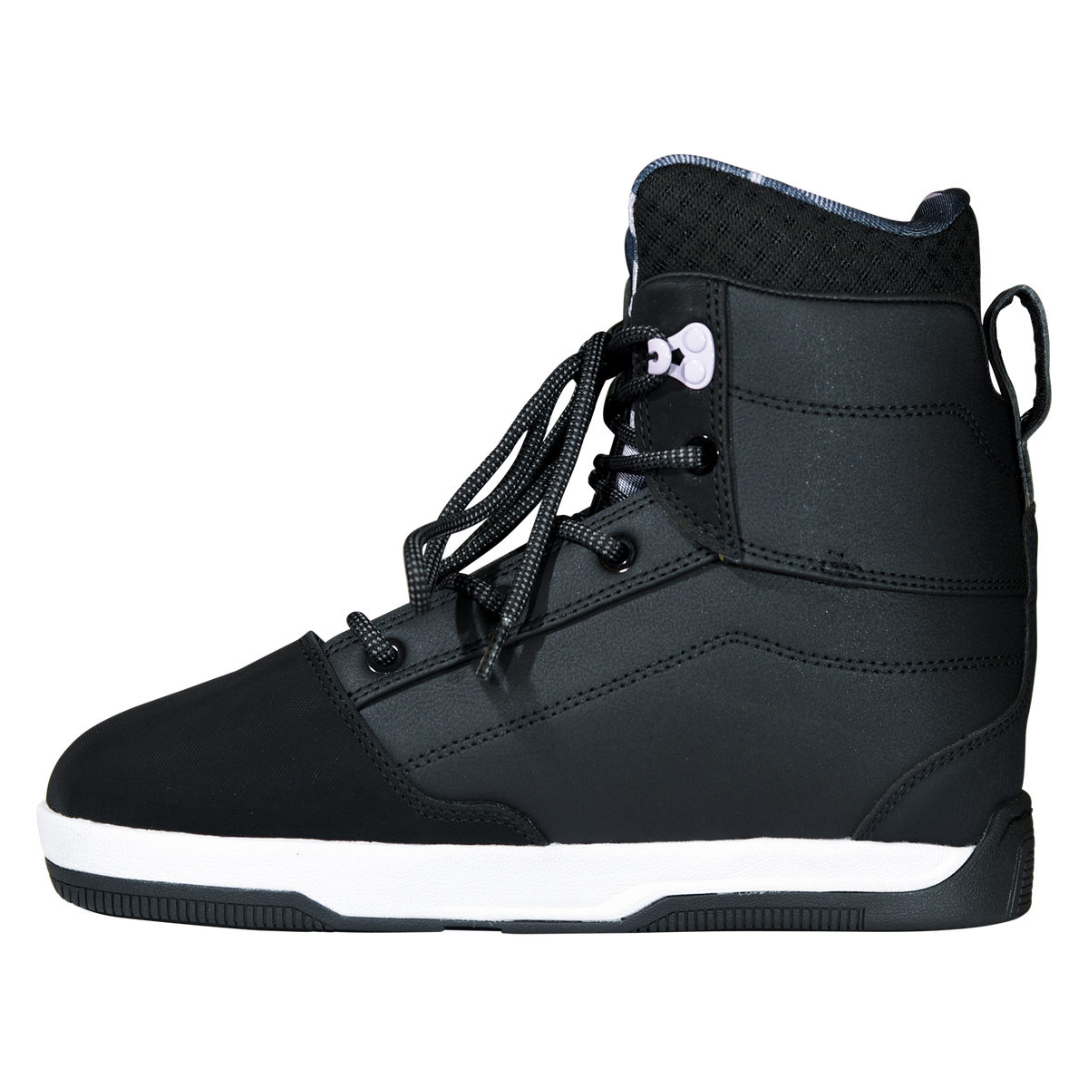 Side view of the black Distortion Boot facing left, with flecked laces, a lavender hook, and a pull loop.