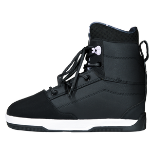 Side view of the black Distortion Boot facing left, with flecked laces, a lavender hook, and a pull loop.