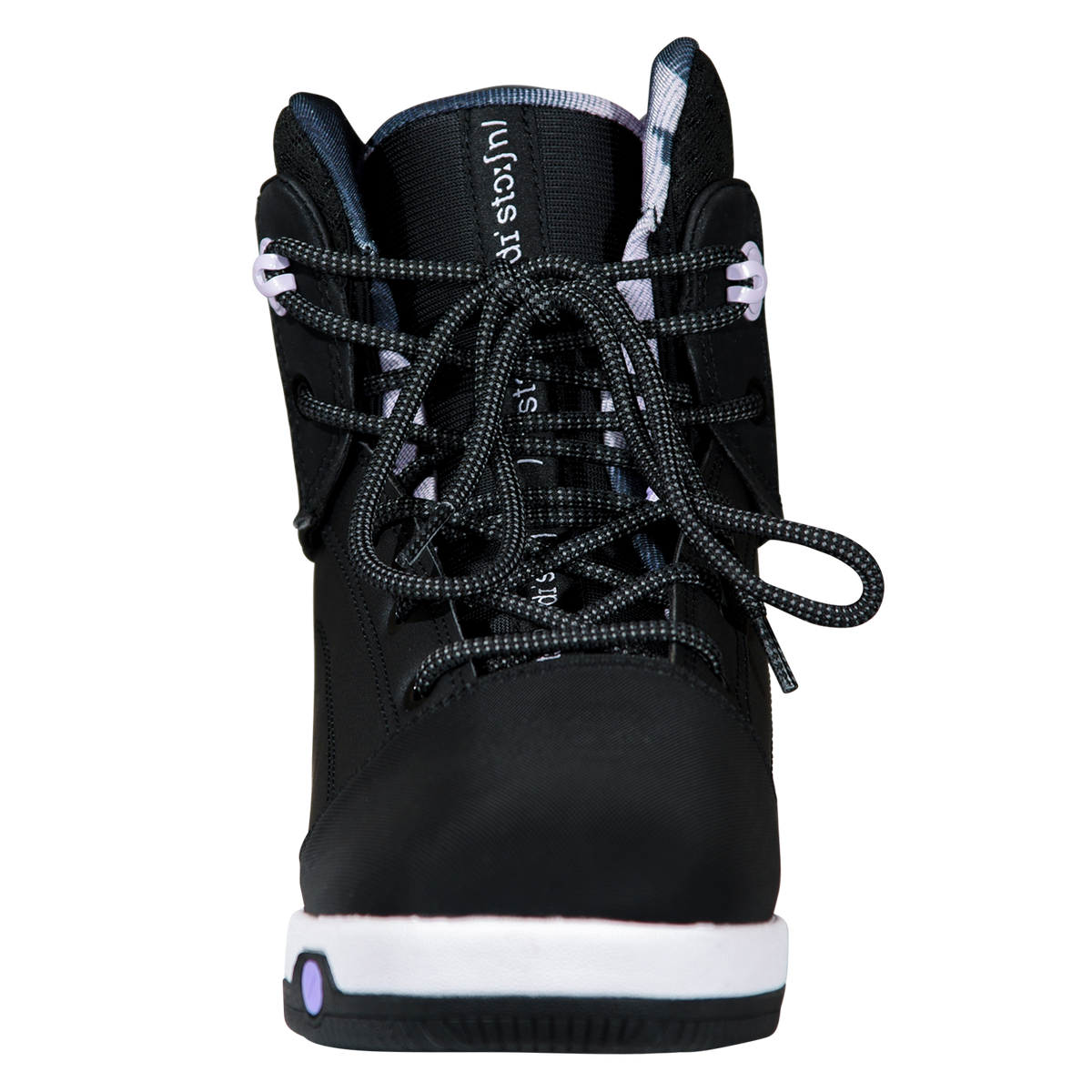 Front view of the black Distortion Boot with flecked laces, lavender hooks, and a lettered tongue.