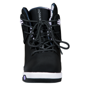 Front view of the black Distortion Boot with flecked laces, lavender hooks, and a lettered tongue.