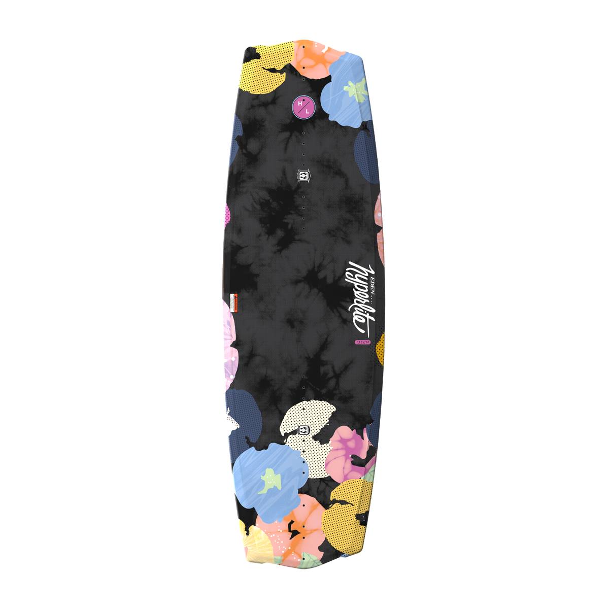 Top view of black Eden Jr. wakeboard with colorful floral and tie-dye graphic.