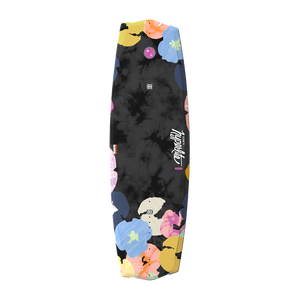 Top view of black Eden Jr. wakeboard with colorful floral and tie-dye graphic.