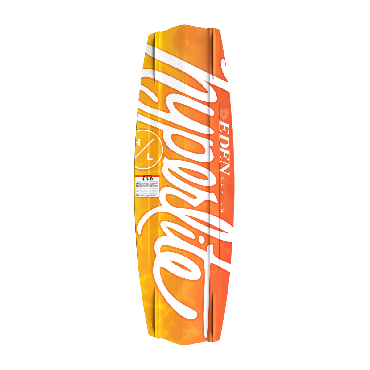 Bottom view of orange Eden Jr. wakeboard with white script Hyperlite logo.