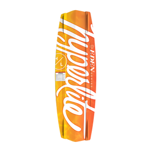Bottom view of orange Eden Jr. wakeboard with white script Hyperlite logo.
