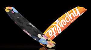 Angled view of black and orange Eden Jr. wakeboard showing both sides.