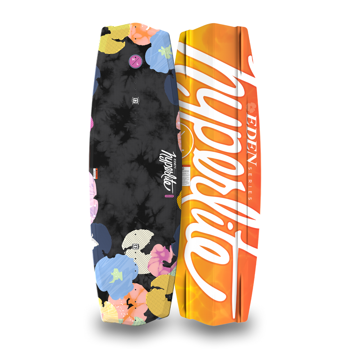 Top and bottom views of black and orange Eden Jr. wakeboard with floral graphic and script logo.