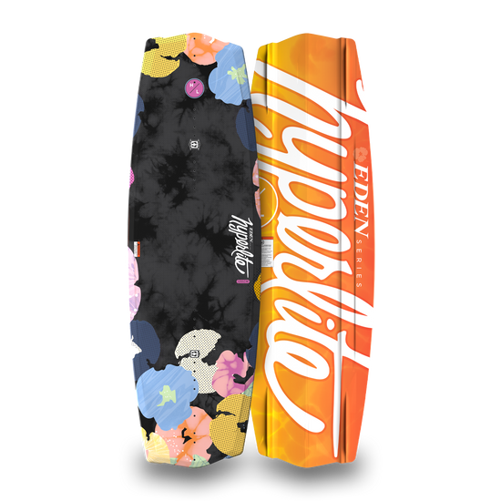 Top and bottom views of black and orange Eden Jr. wakeboard with floral graphic and script logo.