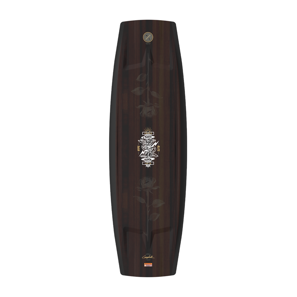 Top-down view of the Forge wakeboard top in dark wood-grain with an etched rose graphic.
