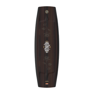 Top-down view of the Forge wakeboard top in dark wood-grain with an etched rose graphic.
