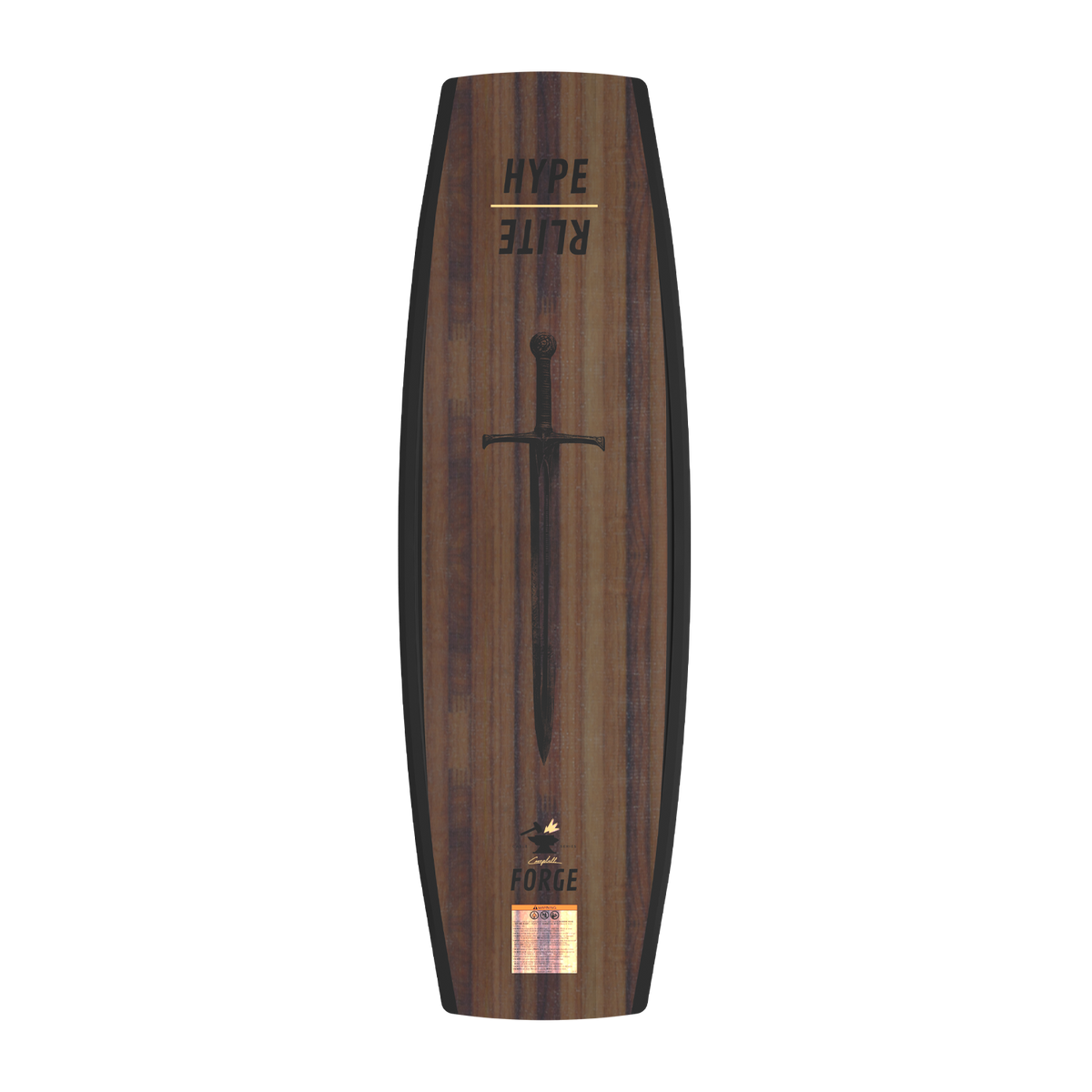 Top-down view of the Forge wakeboard base in wood-grain with an etched sword and Hyperlite logo.