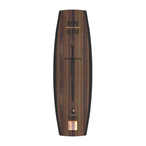 Top-down view of the Forge wakeboard base in wood-grain with an etched sword and Hyperlite logo.