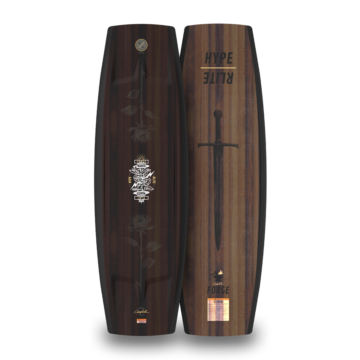 Front and back views of the Forge wakeboard with a dark wood-grain rose top and sword base.