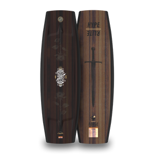 Front and back views of the Forge wakeboard with a dark wood-grain rose top and sword base.