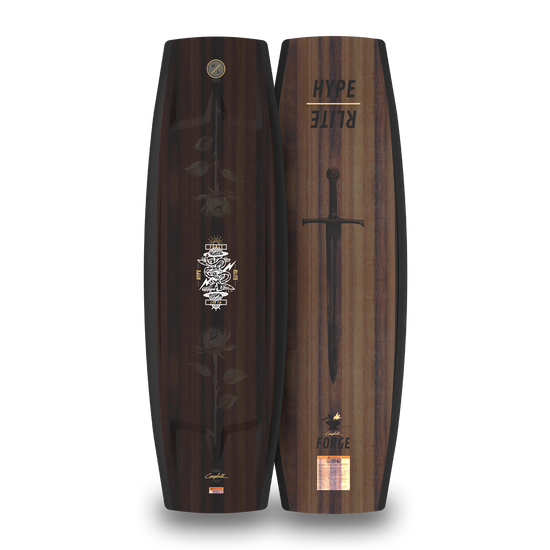 Front and back views of the Forge wakeboard with a dark wood-grain rose top and sword base.