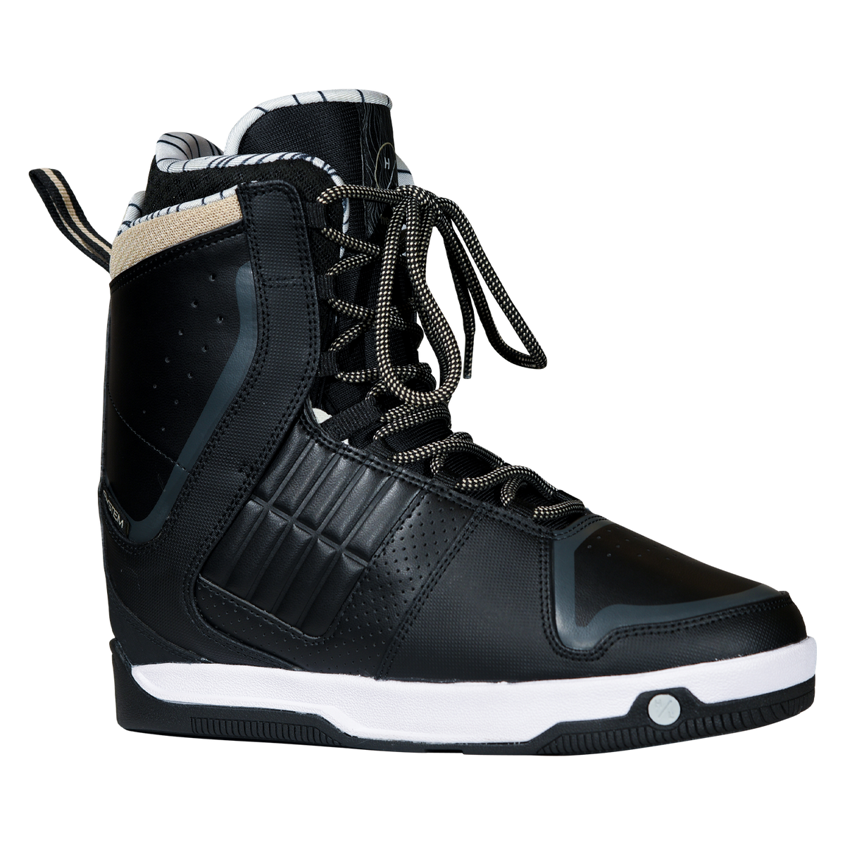 Angled view of the black Freepress Boot with a ribbed side panel, gray accents, and a white midsole.