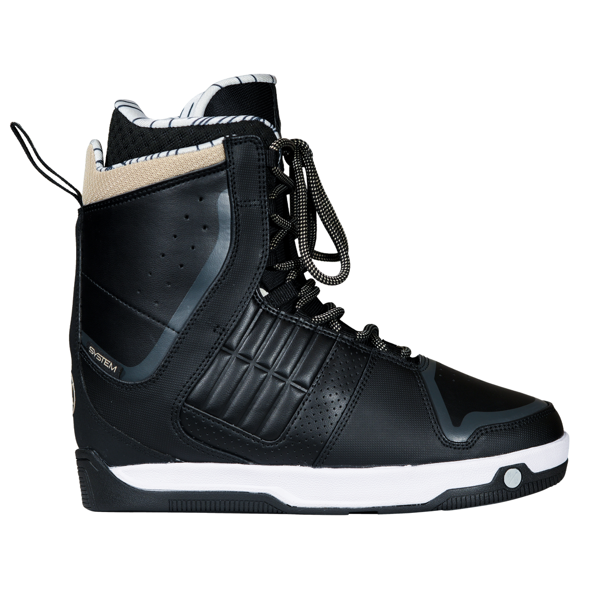 Side view of the black Freepress Boot with a tan heel collar, perforated upper, and a System label.