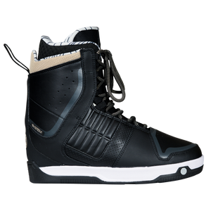 Side view of the black Freepress Boot with a tan heel collar, perforated upper, and a System label.