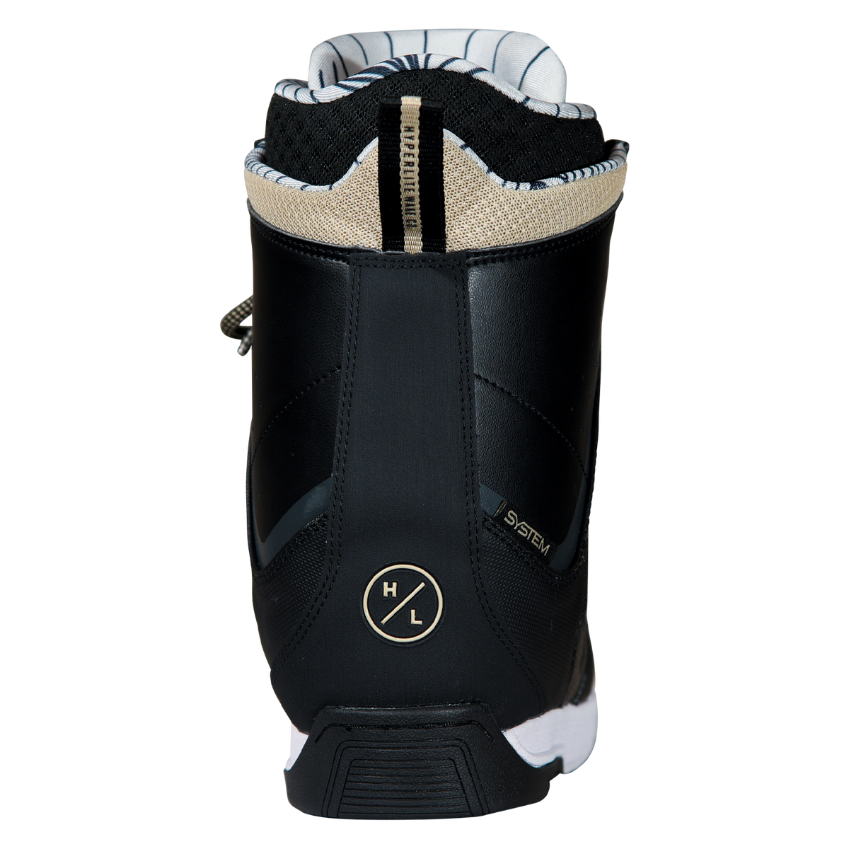 Back view of the black Freepress Boot with a tan collar, striped liner, and a Hyperlite logo on the heel.