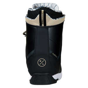 Back view of the black Freepress Boot with a tan collar, striped liner, and a Hyperlite logo on the heel.