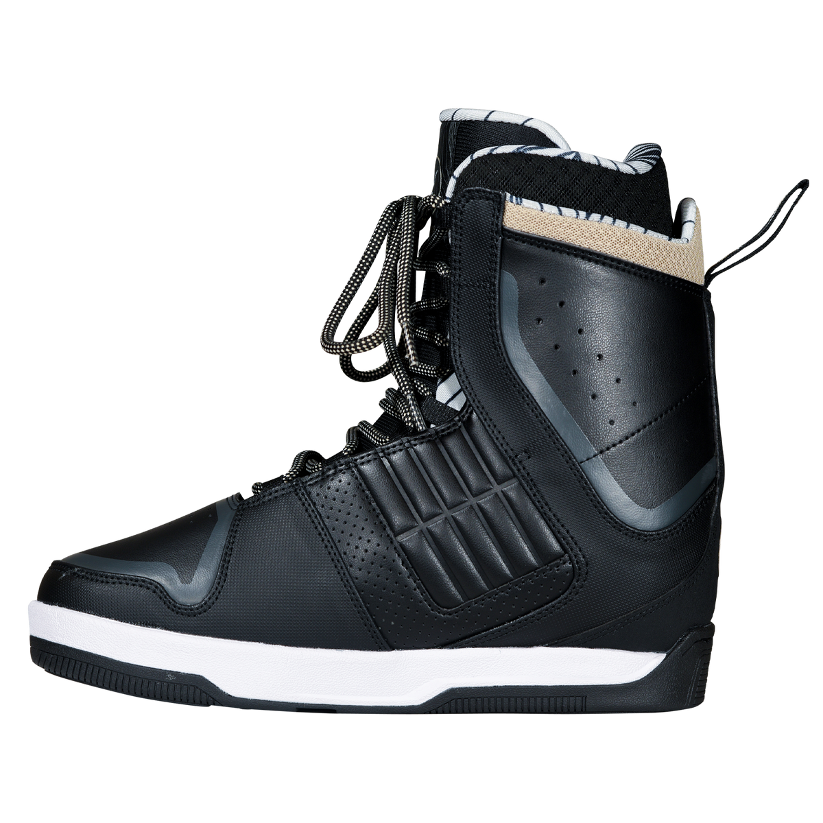 Side view of the black Freepress Boot facing left, with tan-flecked laces, a ribbed panel, and a pull loop.