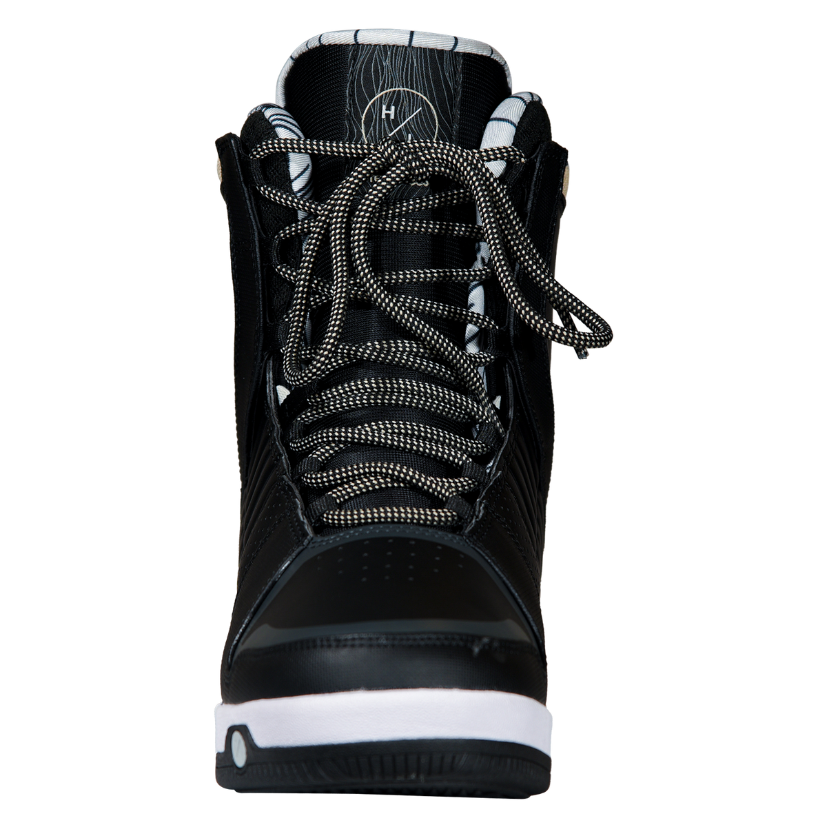Front view of the black Freepress Boot with tan-flecked laces, a gray-trimmed toe, and a striped liner.
