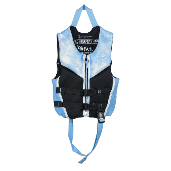 Front view of Girls Child Indy - CGA Vest in black with blue cloud print, a top grab handle and a leg strap.