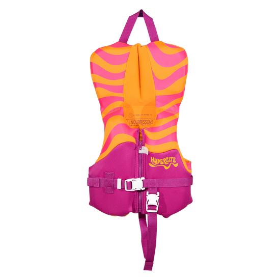 Front view of Girls Toddler Indy - CGA Vest with pink and orange waves, yellow Hyperlite logo and leg strap.