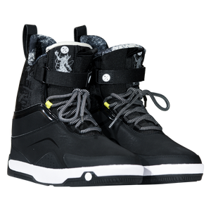 Angled view of a pair of black Gooey Boots with creature-graphic tongues, ankle straps, and yellow loops.