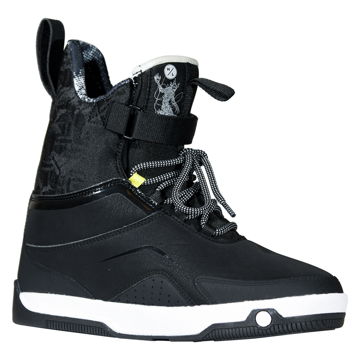 Angled view of the black Gooey Boot with a mottled cuff, ankle strap, and a yellow lace loop.