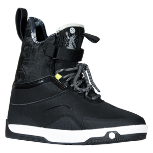 Angled view of the black Gooey Boot with a mottled cuff, ankle strap, and a yellow lace loop.