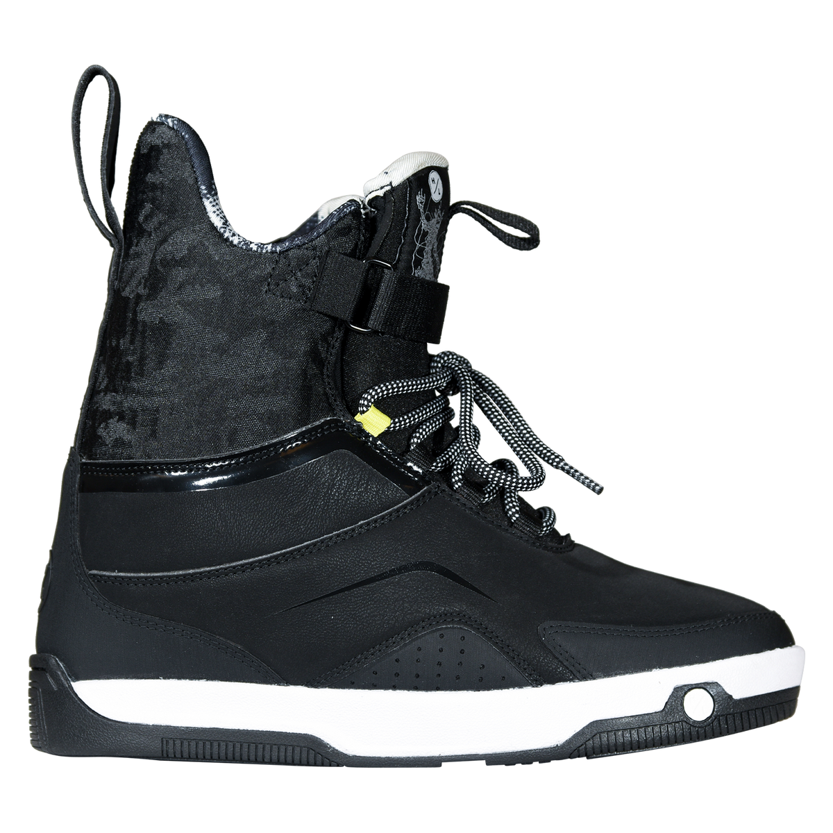 Side view of the black Gooey Boot with a heel pull loop, mottled upper, and a glossy trim band.